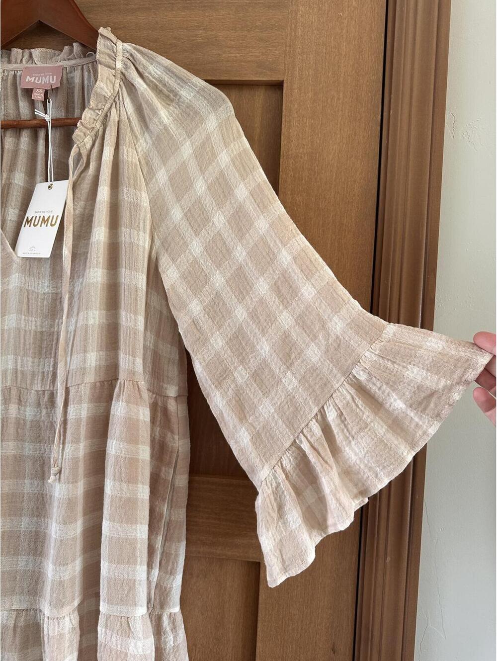 NWT Show Me Your MuMu Viola Plaid Bell Sleeve Mini Dress Beige/ Cream Women’s XS - Picture 3 of 15